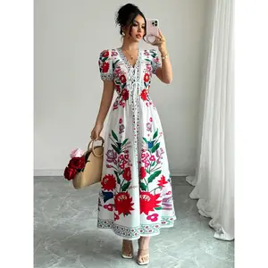 Women’s casual fitted dress suitable for all seasons, woven fabric of moderate thickness, bohemian-style ladies’ clothing for everyday wear