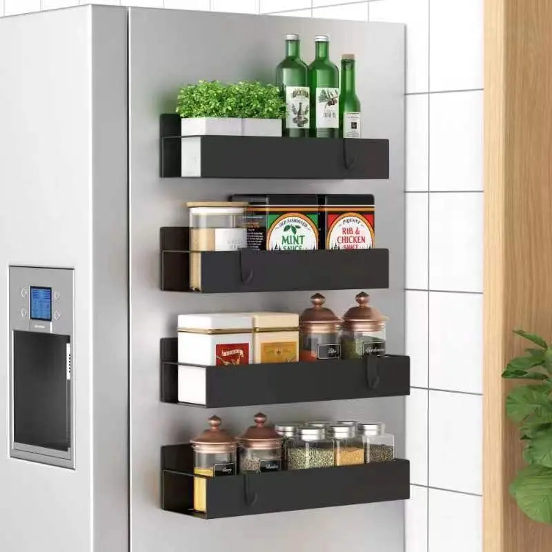 4-Pack Black Magnetic Spice Rack Organizer - Dustproof Kitchen Storage for Refrigerator, Oven, and Spice Bottles, Shelves