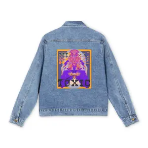 Surreal Bizarre Denim Jacket, Quirky Collage Men's Outerwear, Graphic Print Coat, Unique Fashion Zip-Up, Cool Retro Style Top, TOXIC Design