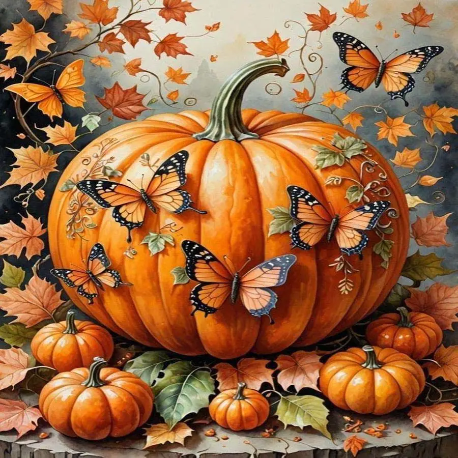 5D DIY Full Drill Round Diamond Painting - Diamond Art Kit Pumpkin, Butterfly, Maple Leaf Mosaic, Canvas - DIY Decorative Painting, Home Wall Decor, Craft, DIY Kits, Perfect for Halloween and Christmas, Independence Day, Birthday and Anniversary Gifts.