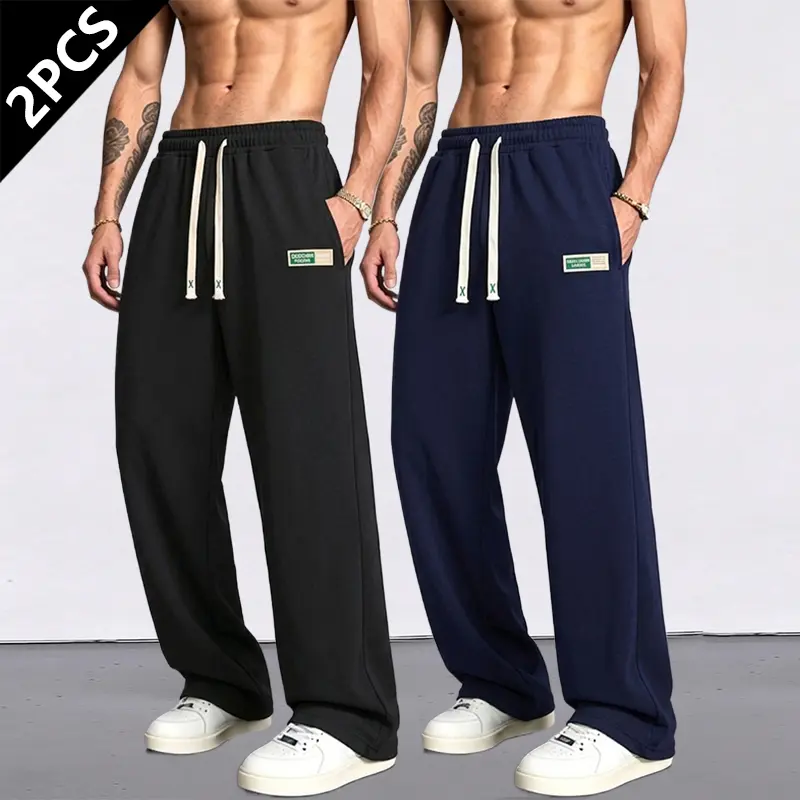 Men's 2-Piece Casual Basic Wide-Leg Sweatpants with Label Patch - All-Season Everyday Trousers
