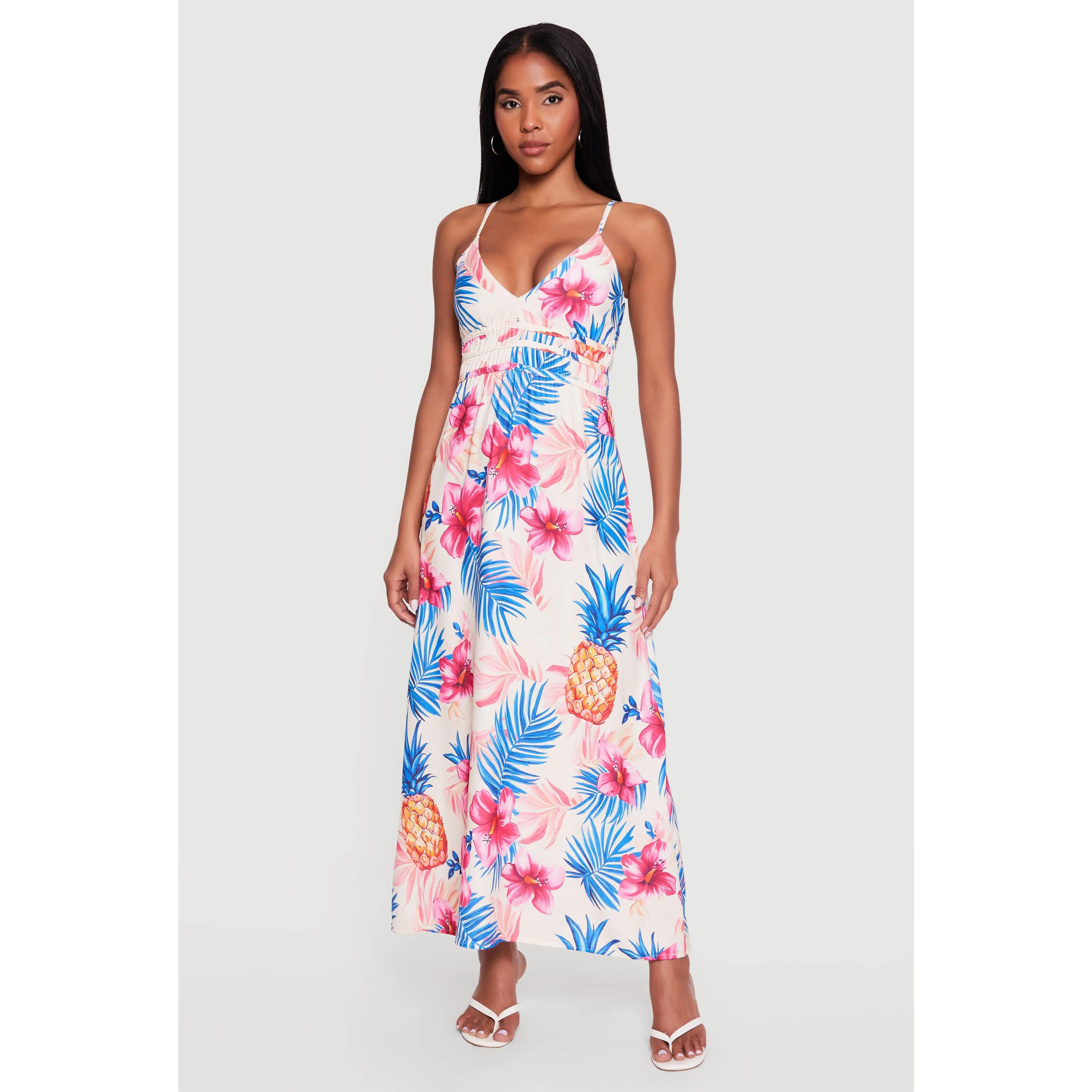 Pineapple Print V-Neck Cami Maxi Dress