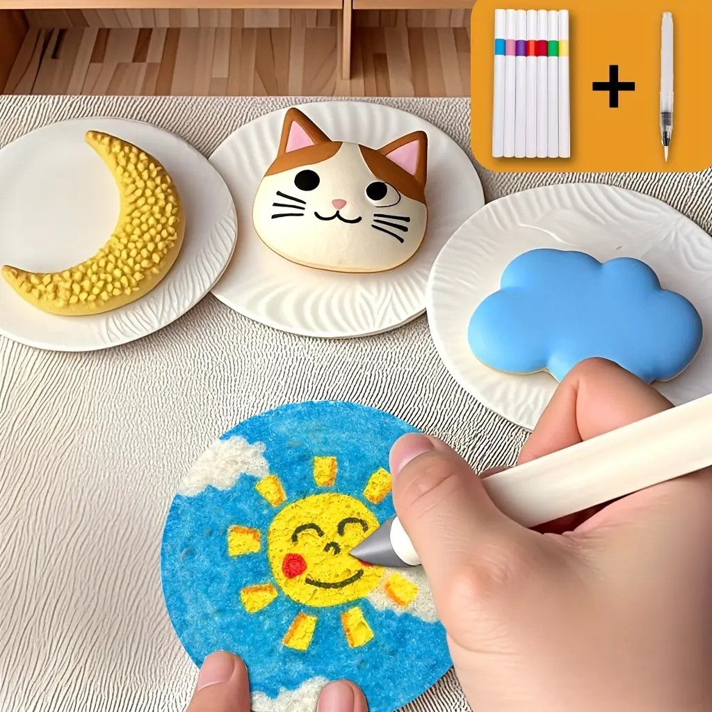 10/20pcs Magic 3D Foam Texture Painting Kit: 32pcs 2.68inch Round Foam Sheets & Craft Paper, 7-Color Watercolor Pens + 2 Droppers – All-in-1 Creative Supplies for DIY Art, Creative Crafting, Fun Arts