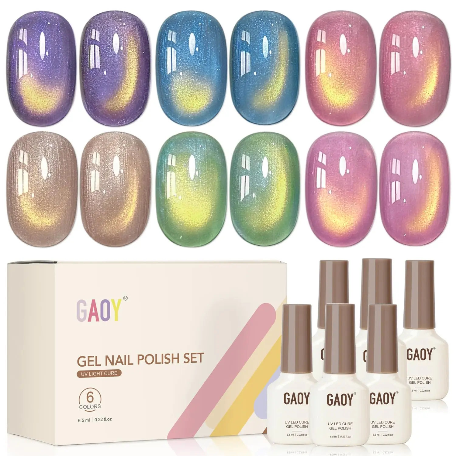 GAOY Cat Eye Gel Nail Polish Set, 6 Colors, Cosmic Light Year | Pink Green Blue Purple Colors, Magnetic Glitter Holographic Gel Nail Polish Set, UV/LED Cure Required, DIY Manicure at Home