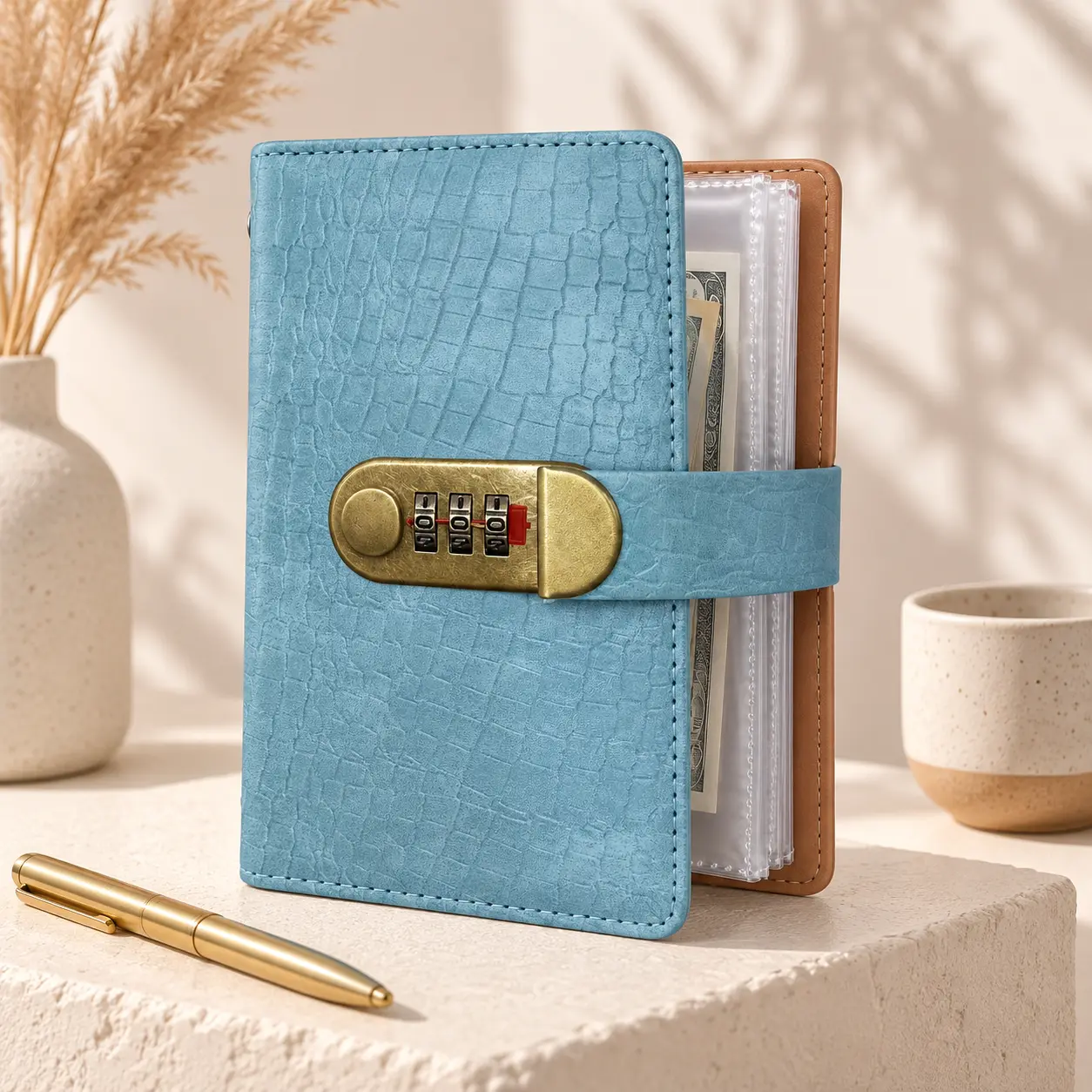 A6 Cash Stuffing Binder with Lock, PU Leather Money Saving Book, 3-Digit Resettable Password Lock, Cash Organizer, Savings Tracker, Budget Planner & Expense Tracker, Christmas Gift for Women Men
