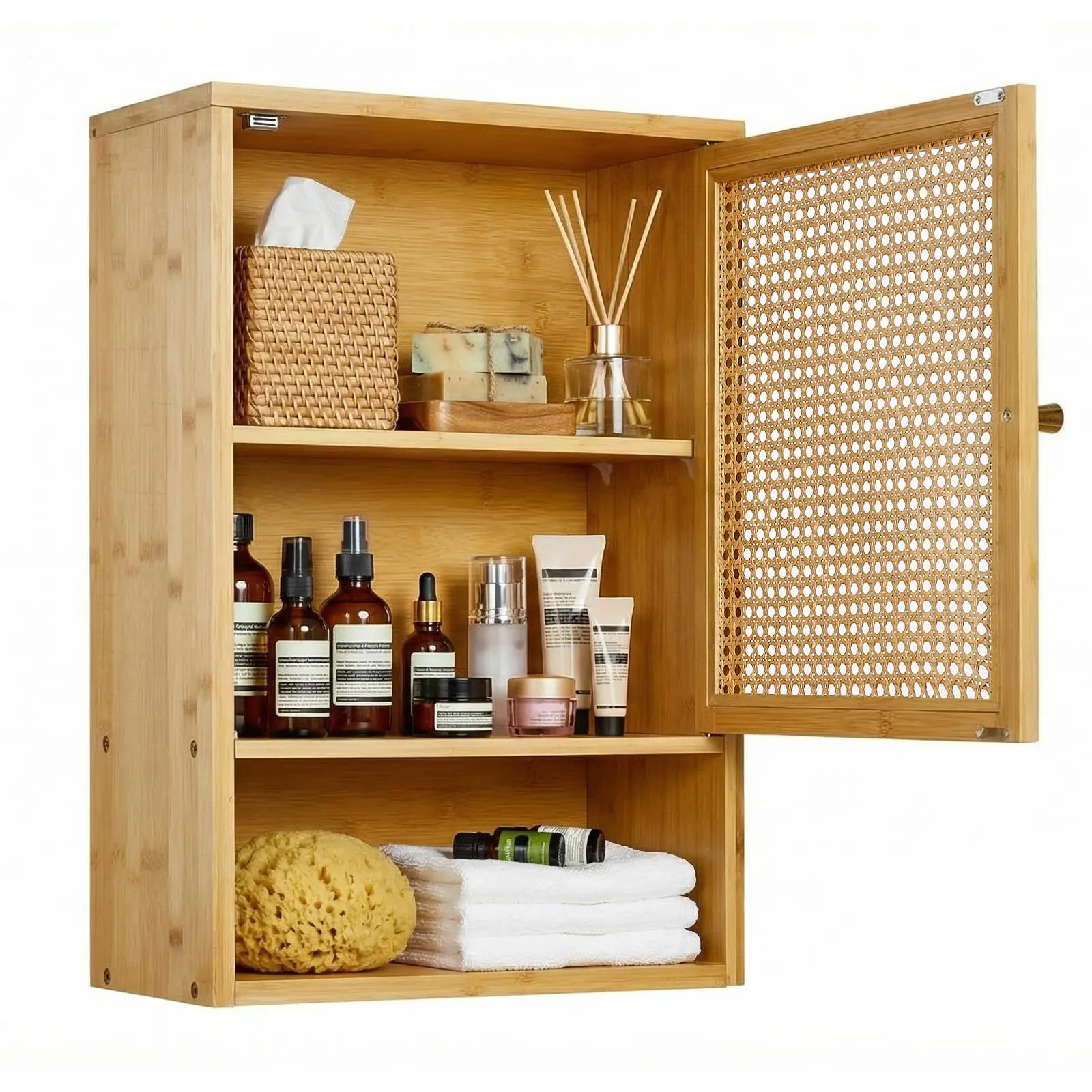 Garvee Natural Wood Rattan Bathroom Wall Cabinet with 3-Tier Shelves and Doors, 16x8x24 Inch Medicine Storage Cabinet, Holds up to 33lbs, Ideal for Bathroom, Laundry Room, and Small Spaces