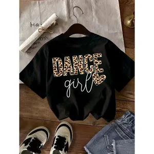 Girls' Summer T-Shirt, Creative "Dance Girl" Minimalist Leopard Print Letter Pattern Printed Girls' T-Shirt, Daily Dance Practice Top for Spring, Summer, And Autumn, Soft And Breathable, Versatile T-Shirt Top for Multiple Occasions