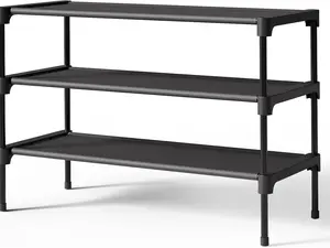 3-Tier Shoe Rack Organizer for Closet Entryway & Garage Stackable Non-Woven Shoe Storage Shelf 27.5 Inch Wide Black Durable Metal Tubes & Plastic Connectors Space Saving Design