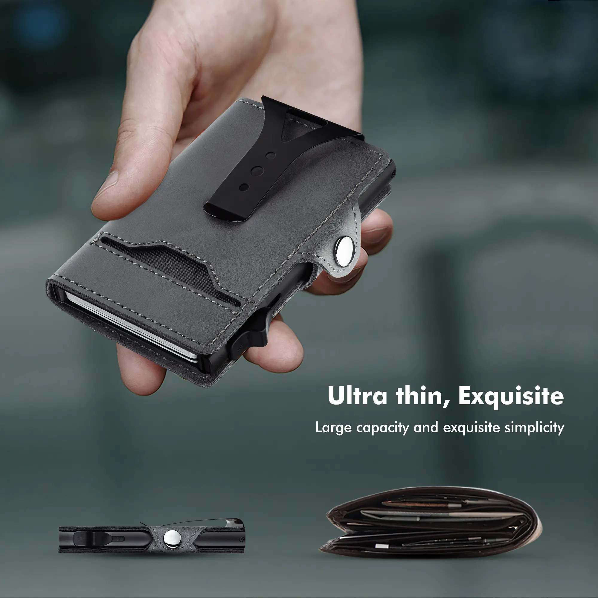 CaseKey Men's Minimalist Wallet, Chic Vegan Leather & Aluminum Design with Pop Up Card Holder, ID Window & RFID Blocking
