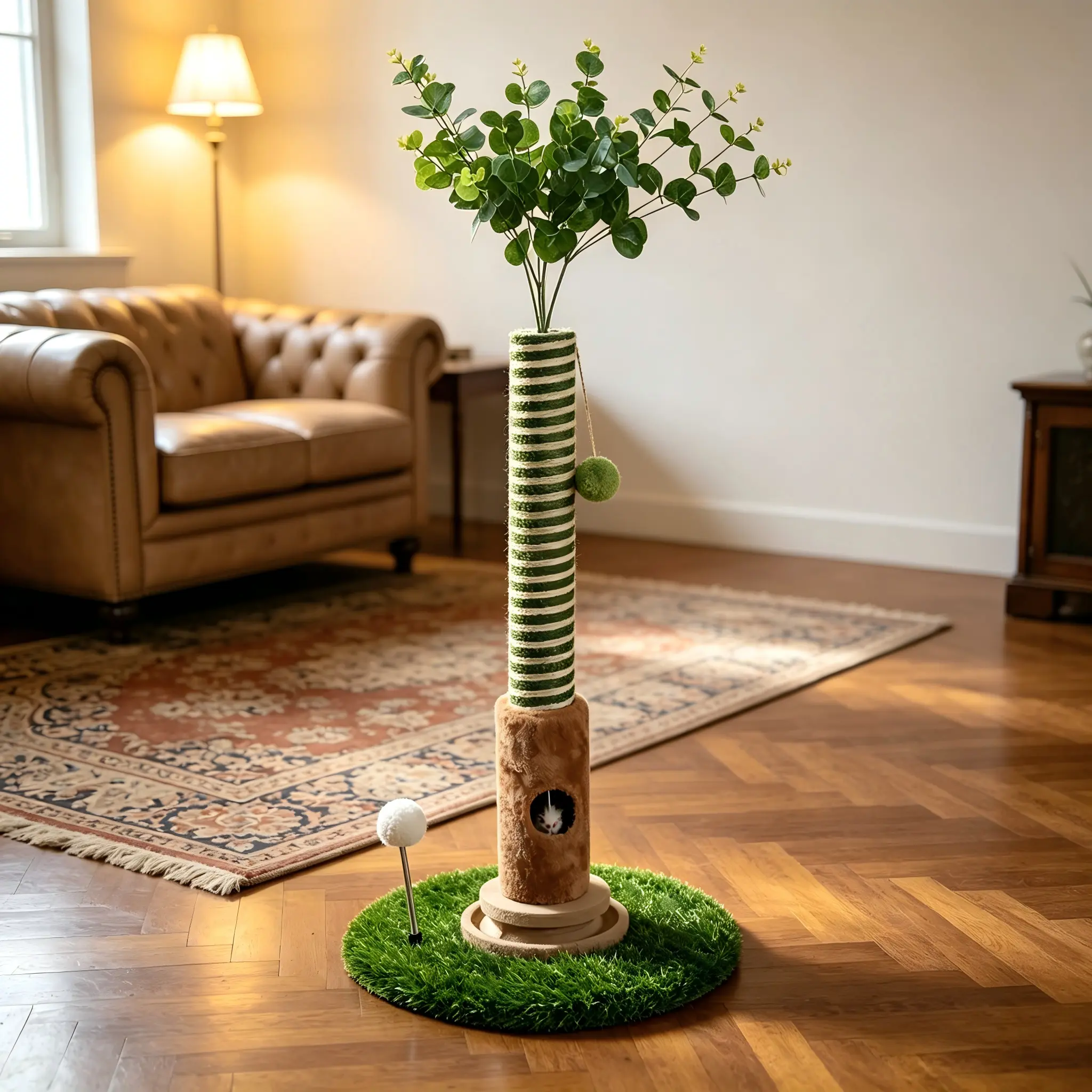 39''Cat Scratching Post  with Artificial Eucalyptus Leaves 4-in-1 Interactive Cat Tree Tower- summervibes Kitten Scratcher with Toy Balls - Indoor Cat Scratching Post with Ball - Sisal rope -modern pet furniture  Cat Tree for Living Room scratch post