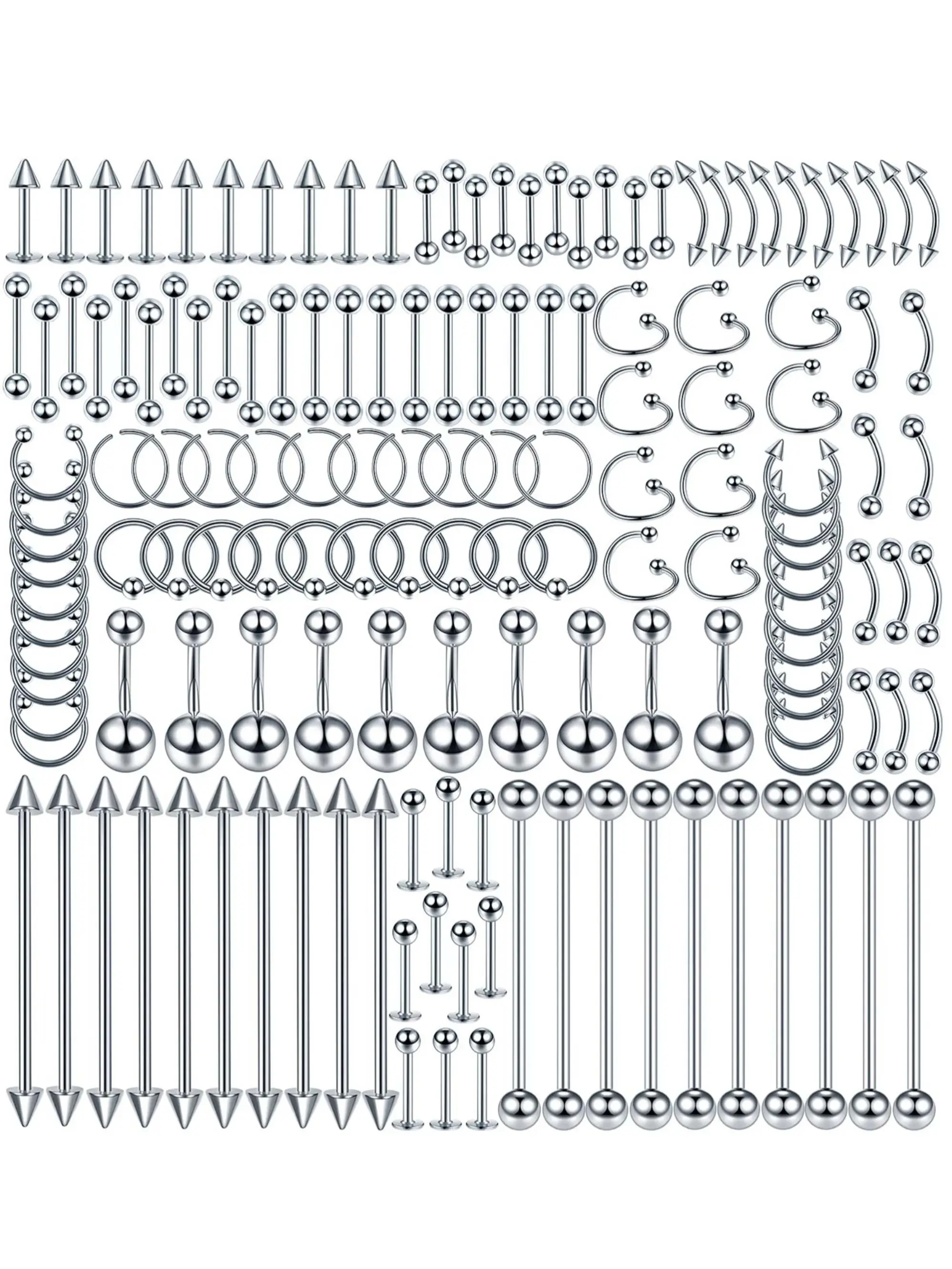 150pcs Body Piercing Jewelry Set, 14g 16g 20g Stainless Steel, Nose Hoop Septum Ring Lip Tongue Cartilage Tragus Eyebrow Ring, Punk Style