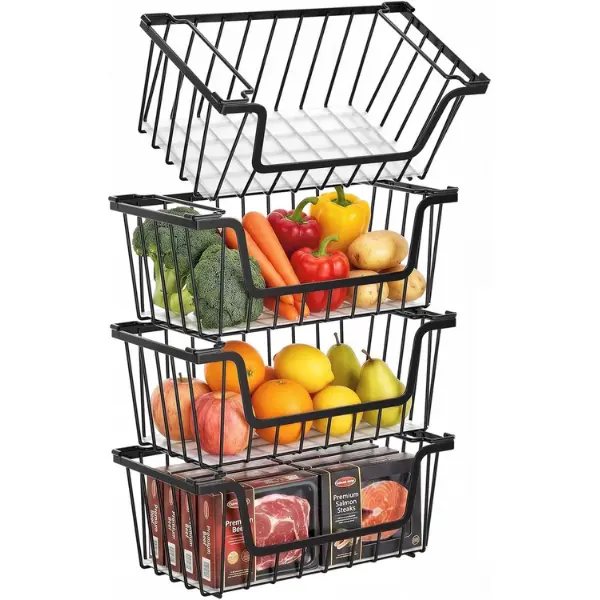 4 Pack Stackable Wire Storage Baskets, Metal Pantry Organizer Bins for Kitchen Countertop, Fruit, Vegetable, Snack & Can Storage, Stackable Kitchen Storage Baskets, Black