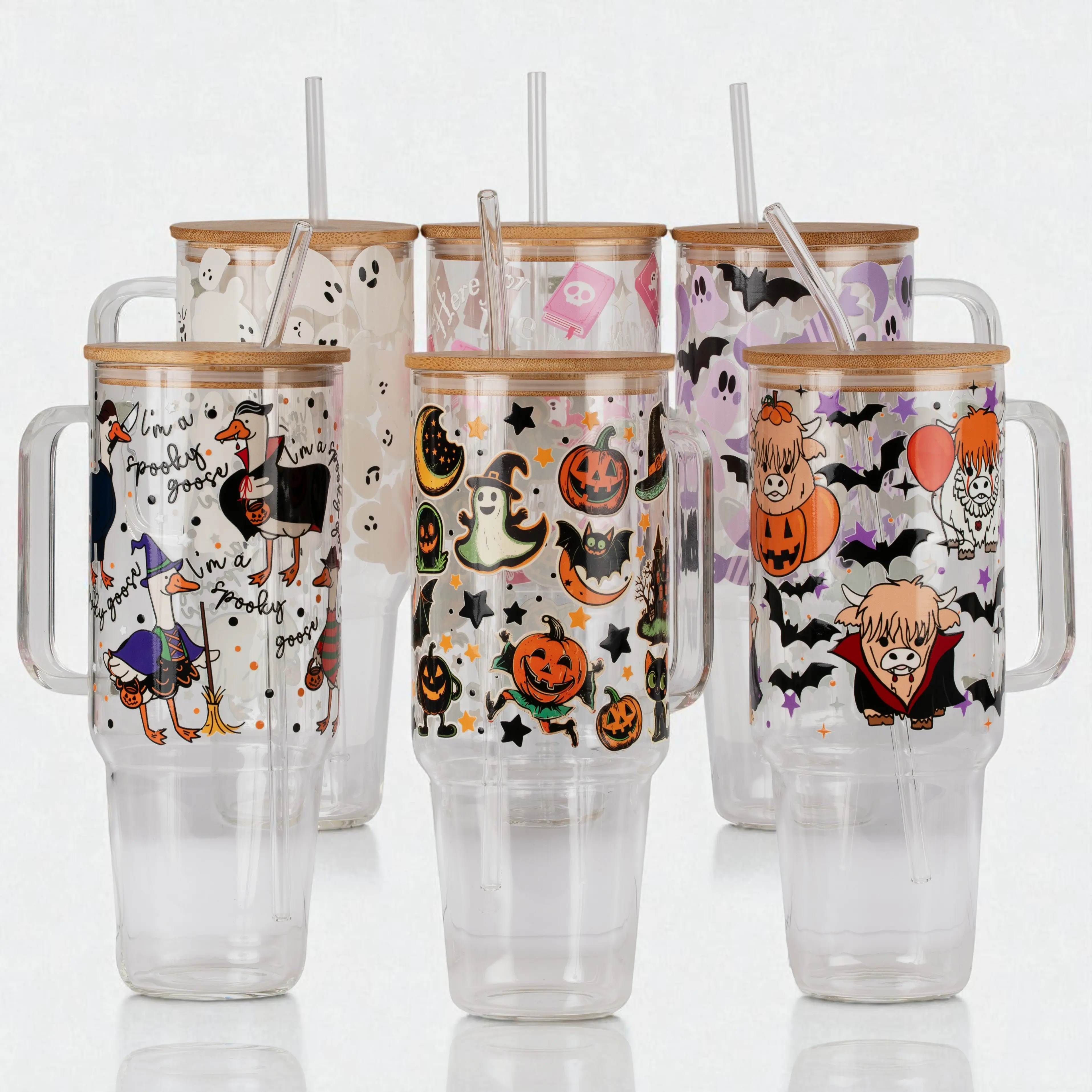 Halloween 40oz Glass Tumbler with Lid and Straw, Iced Coffee Drinkware, Gift for Her, Acrylic Tumbler, water bottle for women, spooky gifts, Printed, Bamboo, Bottled, Transparent, Water Bottles, Silicone