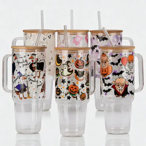 Halloween Ghosts 40oz Glass Tumbler with Handle, Bamboo Lid & Straw, Spooky Gift