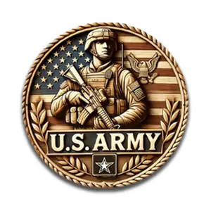 Vintage American Patriotic Wall Art Decor, Round Aluminum Design with Soldier & Flag Motif, Ideal for Garage & Living Room