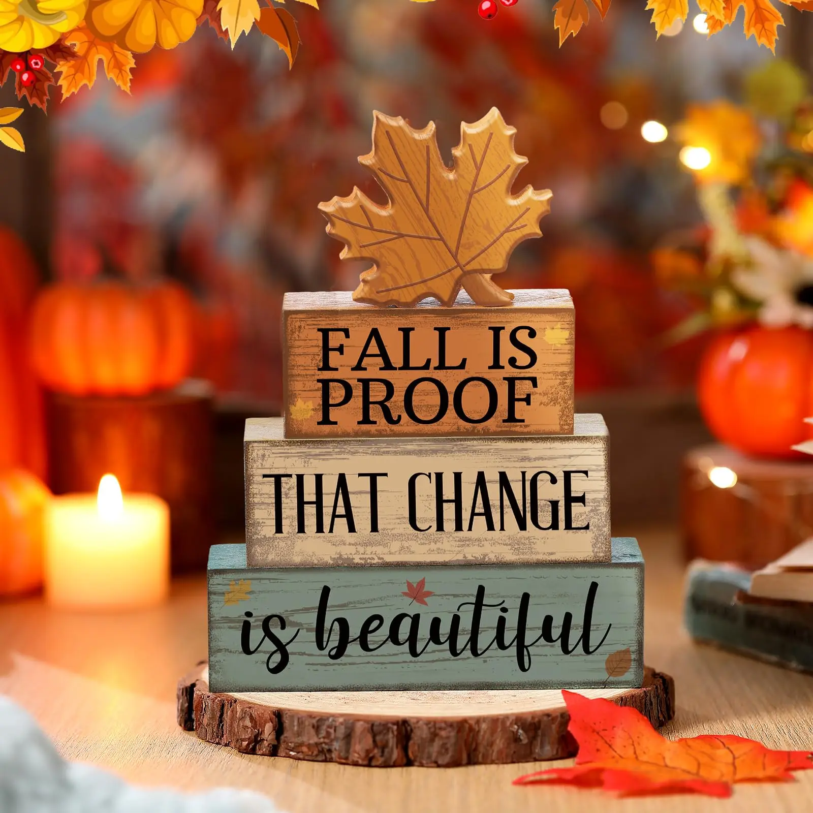 Set of 4 autumn home decor items: wooden maple leaf stackable decoration, Thanksgiving dining table centerpiece, autumn tiered tray decor, rustic maple leaf blocks sign, kitchen autumn decor