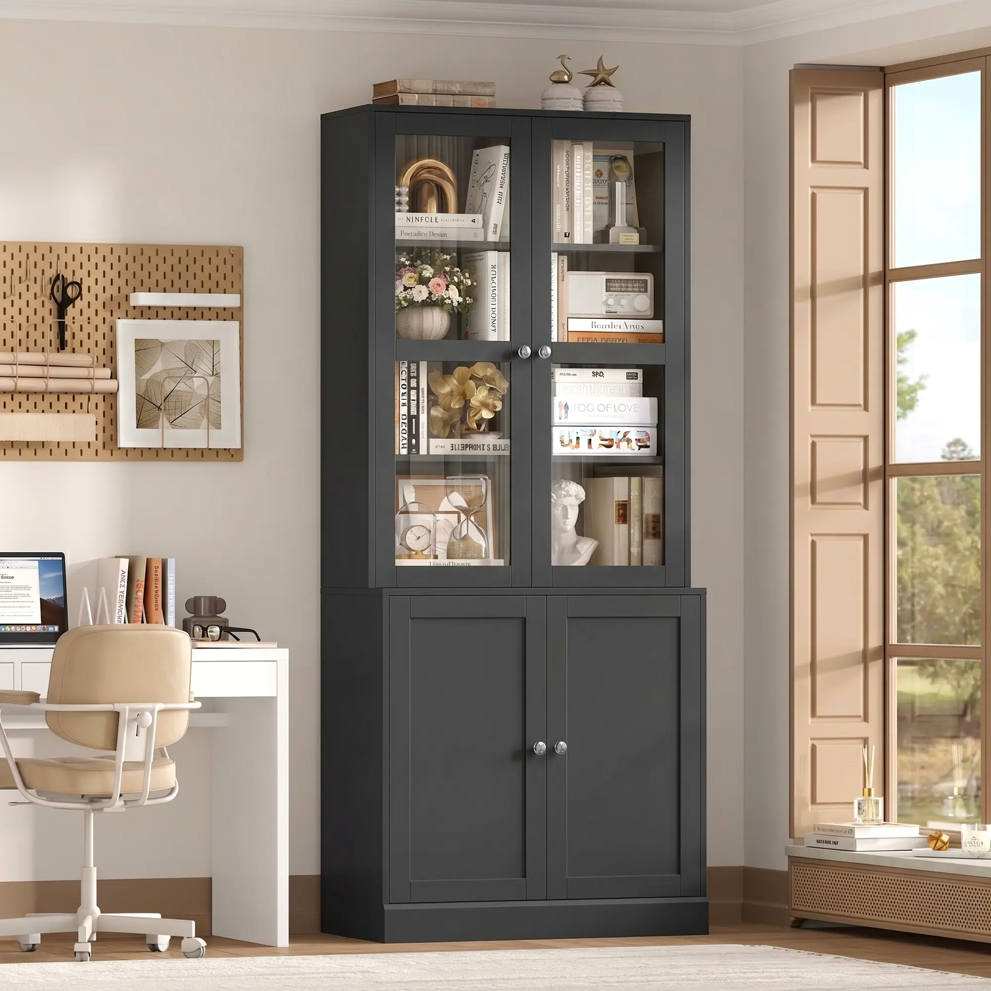 FOTOSOK 73" Tall 6-Tier Bookcase with Glass Doors, Tall Bookshelf with Adjustable Shelf, 14.4" Deep Bookshelf with Storage Cabinet, Modern Bookshelf Glass Display Cabinet for Home Office, Living Room