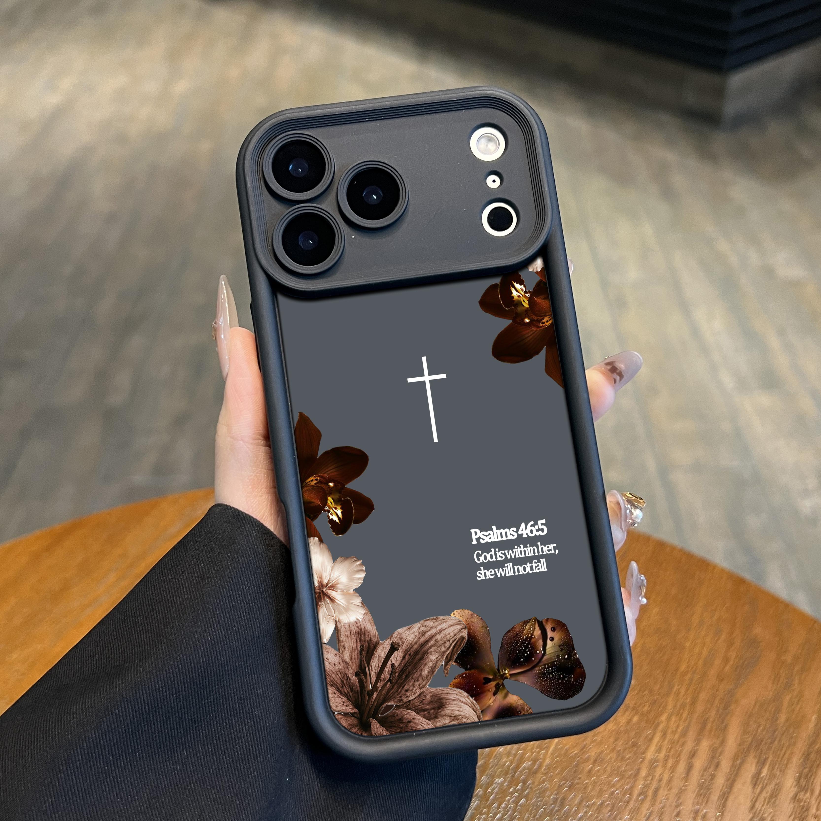 Christian Faith Psalms 46:5 Bible Verse Shockproof Soft Shell Smartphone Protector Case with Lanyard, Vintage Floral Cross Design, Taupe Brown, for iPhone 17 Pro Max, Air, 16, 16 Plus, 15 Plus, 14, 13, 12, 11, XR, XS - Casing NN114-2