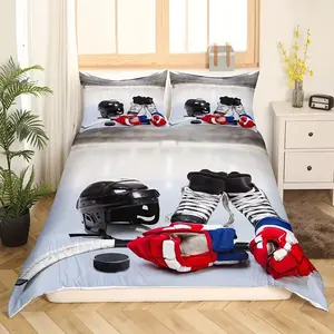 Ice hockey bedding set, Bedding supplies, twin bed size, bedroom decoration, ice hockey player bed duvet cover set, ice sports decoration 3-piece set, 1 duvet cover with 2 pillowcases, unfilled, comfortable, soft, extreme sports theme