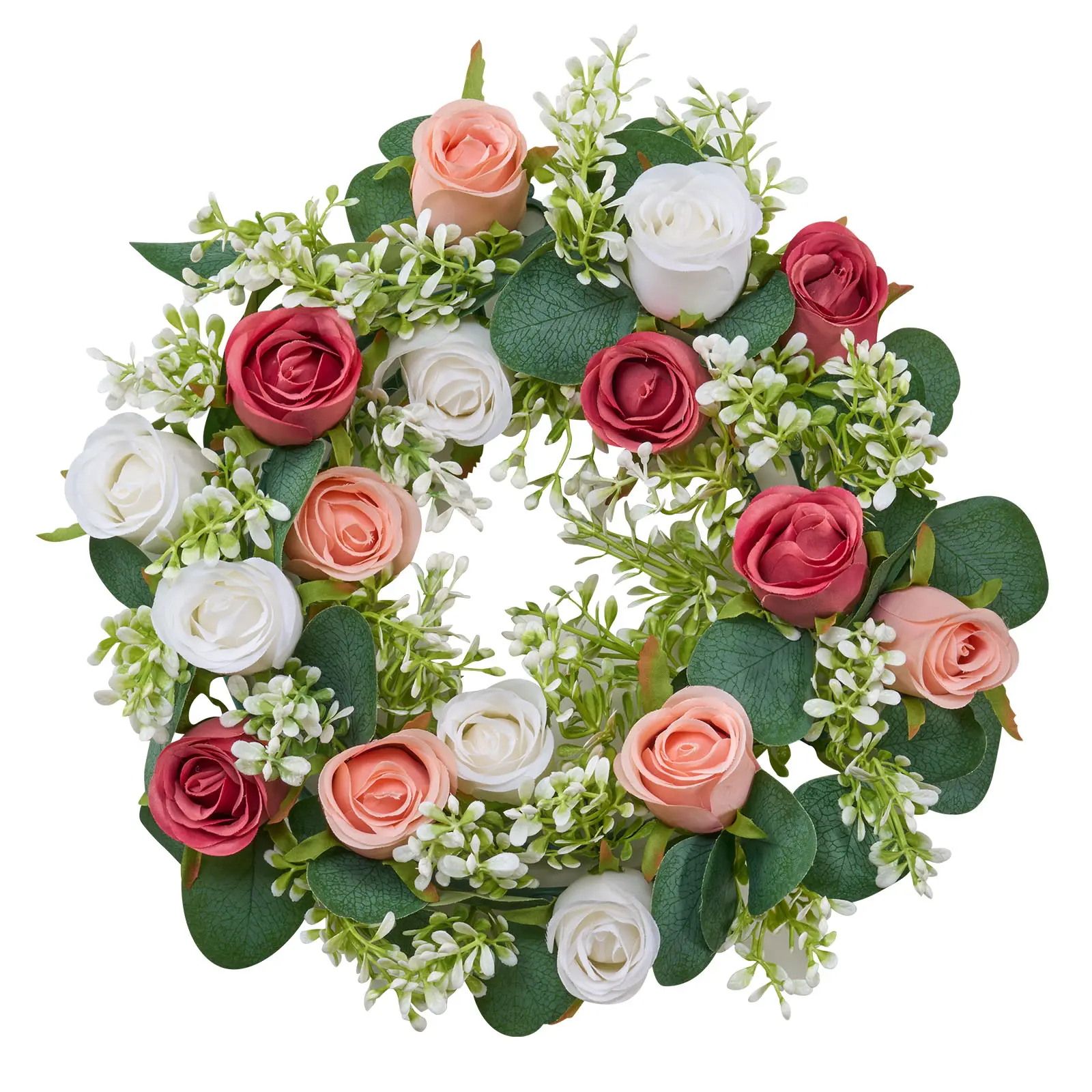 Artificial Rose Wreath, Blush Peach Burgundy White Floral Wreath with Eucalyptus, Spring Front Door Wreath for Farmhouse Home Wall Wedding Decor