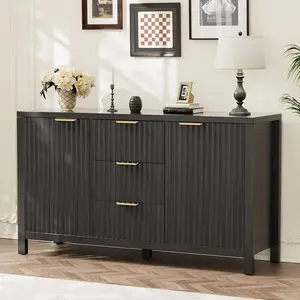 47.2" Fluted Storage Cabinet, Sideboard Buffet with Storage, 2 Door 3 Drawer Adjustable Shelf, Accent Cabinet, Console Tables, Credenzas for  Kitchen and Living Room, Black
