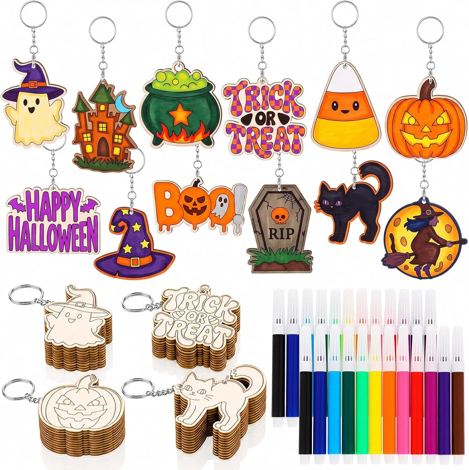 Halloween Fall Gift 96 Pcs Halloween Wooden Keychain Crafts, Unfinished Blank Wooden Ornaments Set with Keyrings & Markers, Color Your Own Keychains DIY Coloring Crafts for Party Gifts Activities Art Project