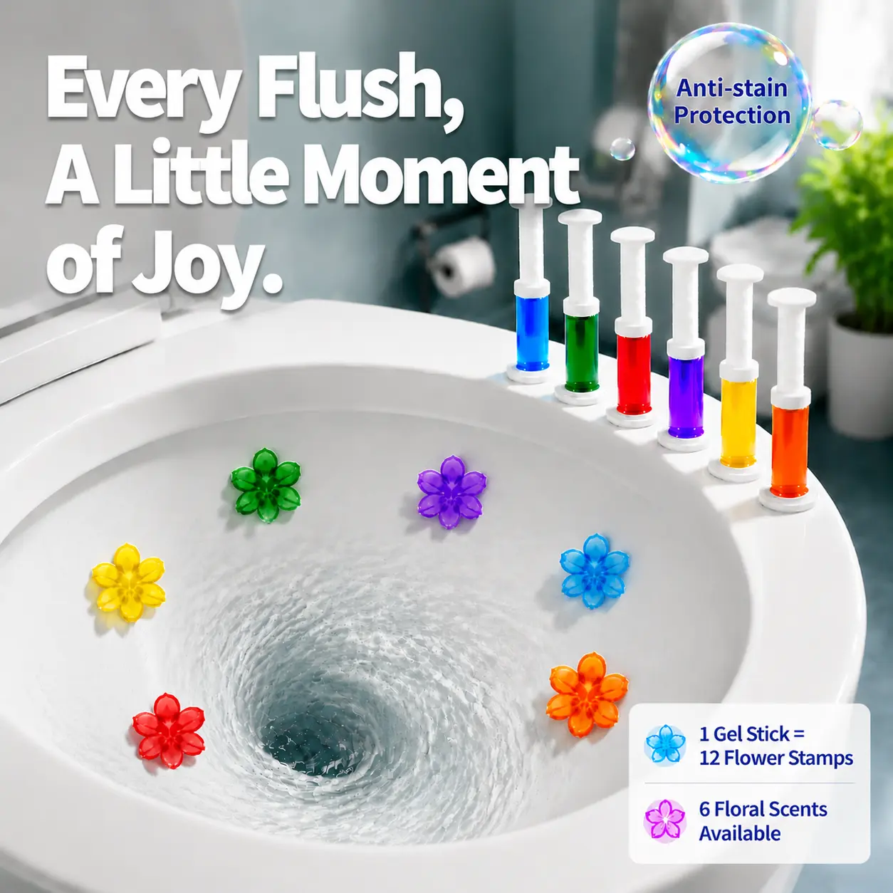 【TikTokShopSummerSale】，Premium Flower Toilet Gel Stamp Kit，6 Designer Fragrances, Triple-Action Toilet Bowl Cleaner, Strong Adhesion, Long-Lasting Bathroom Freshener, 6 Gel Sticks + 3 Applicators
