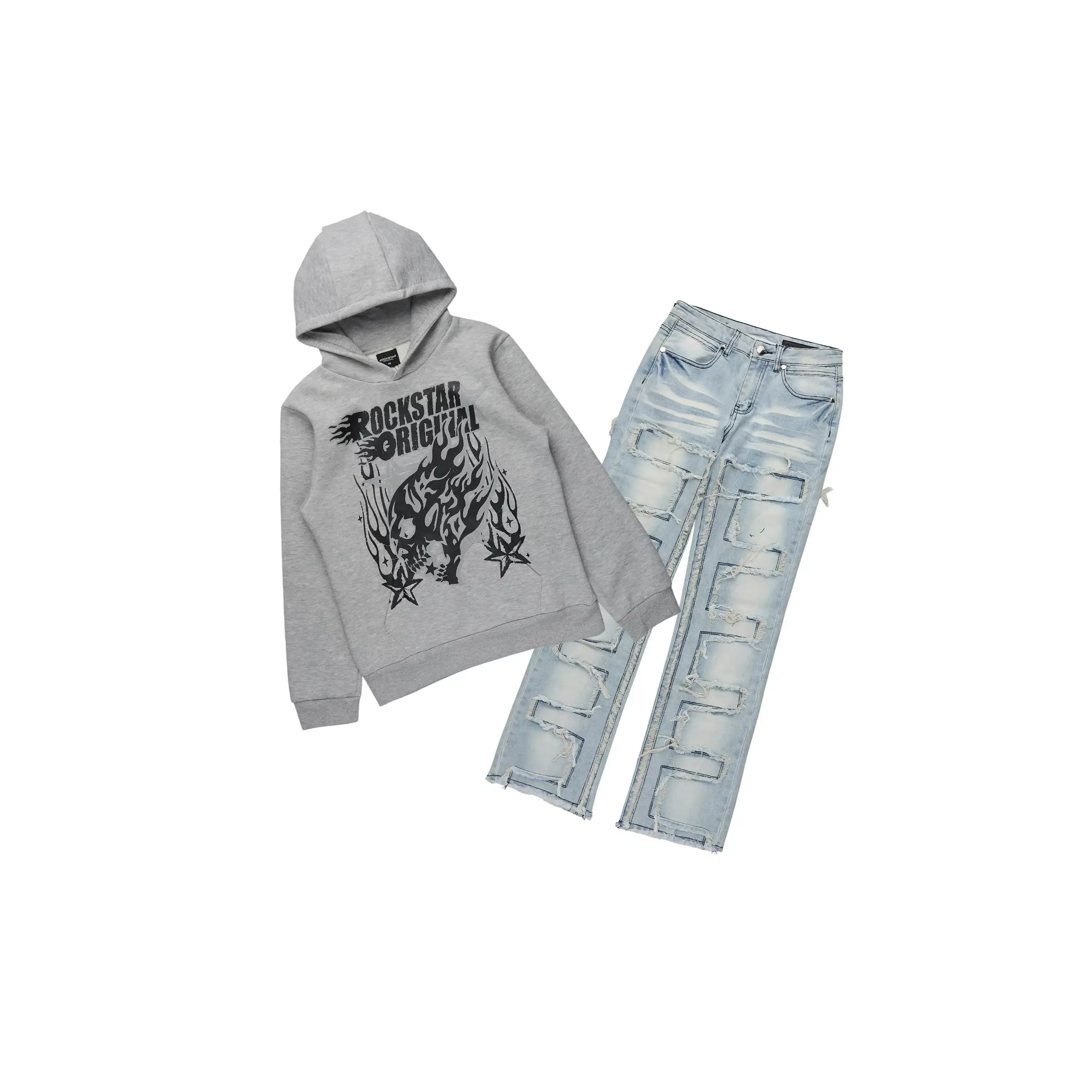 Boys Smitty Grey Hoodie & Shake Blue Stacked Flare Cargo Jean Set Boys Smitty Grey Hoodie & Shake Blue Stacked Flare Cargo Jean Set