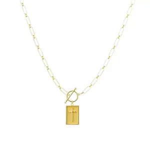 SHOW CRAFT Dainty Layering Jewelry Paper Clip Chain Stainless Steel Cross Square Pendant Beach Necklace OT Buckle Faith Necklace for Women 17+2