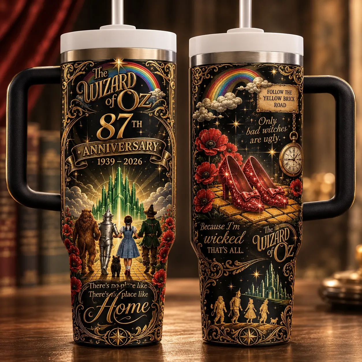 The Wizard of Oz 87th Anniversary 40oz Tumbler with Handle and Straw, Yellow Brick Road Ruby Slippers Travel Cup, Vintage Fantasy Gift