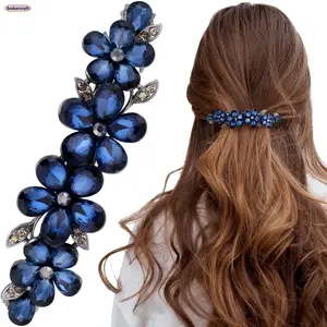Women's Rhinestone Blue Flower Hairpin - Sparkling Crystal Long Hair Clip, Bridal Wedding Accessory, Ideal Holiday Gift, Accessories for Women