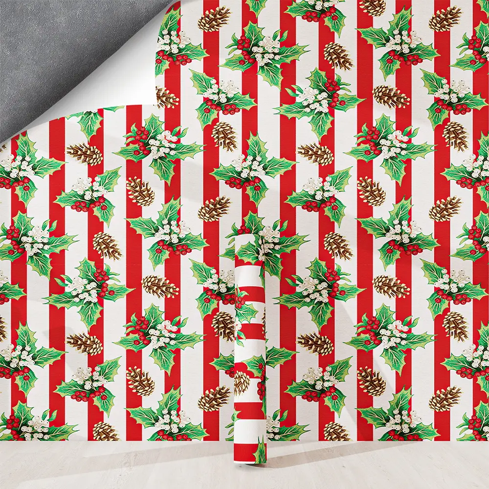 1 Roll (44.5*100cm) Christmas Decorative Paper Striped Pattern Removable Wallpaper, Thick Waterproof and Moisture-Proof Easy to Manage, Instant Peel and Stick for Home Decoration