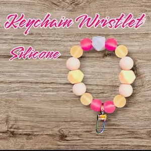Silicone Wristlet Keychain with Colorful Beads and Keyring Attachment