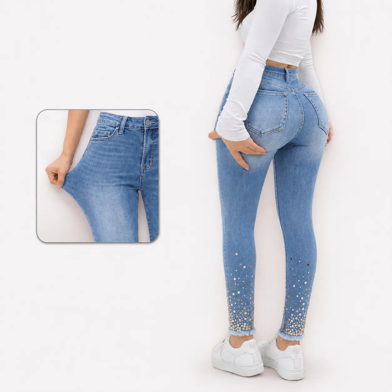Vogatiques | Scarlett Sequin Ankle Skinny Jeans Stretchy Mid Rise Tummy Control Sparkle Cuff Slim Fit Denim Pants BBL