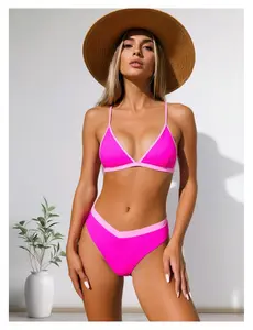 Neon Pink Bikini Set for Women - Triangle Top with Contrast Trim & High Cut Bottoms - Two Piece Swimsuit for Beach, Pool, Vacation - Summer Swimwear