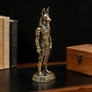 Anubis Wolf Head Brass Statue, Figurine, Art Figurine, Carved Base with Runes Design, Detailed Sculpture for Vintage Home Decor Desktop, Study Display, Theme Spaces, Collectors, Ornaments