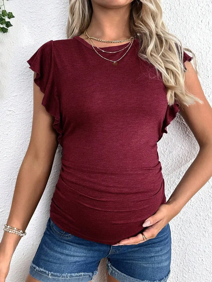 Women's Maternity T-Shirt Side Ruching Flutter Sleeve Pregnancy Blouse for Casual Photoshoot