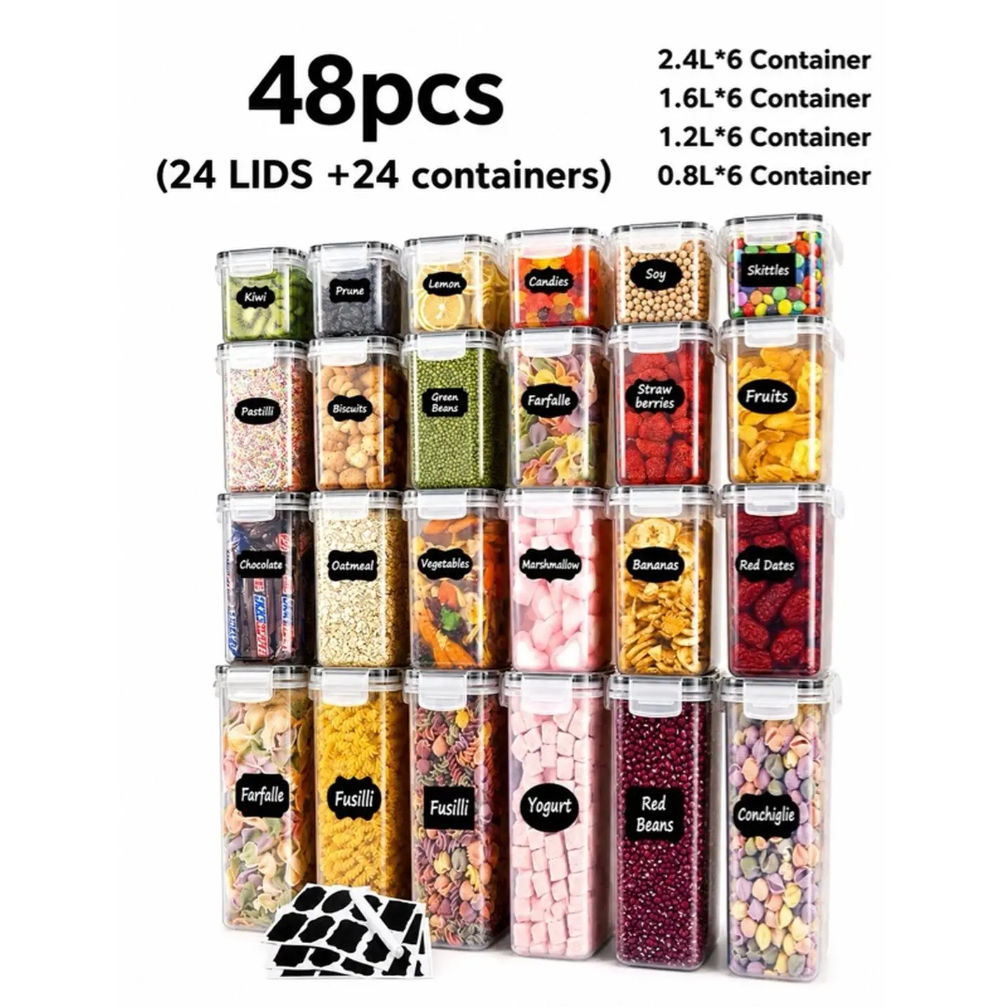 48pcs Large Airtight Food Storage Container Set 24 Lids + 24 Containers 2.4L 1.6L 1.2L 0.8L Leak Proof RV Kitchen Refrigerator Pantry Storage For Cereal Spaghetti Flour Sugar