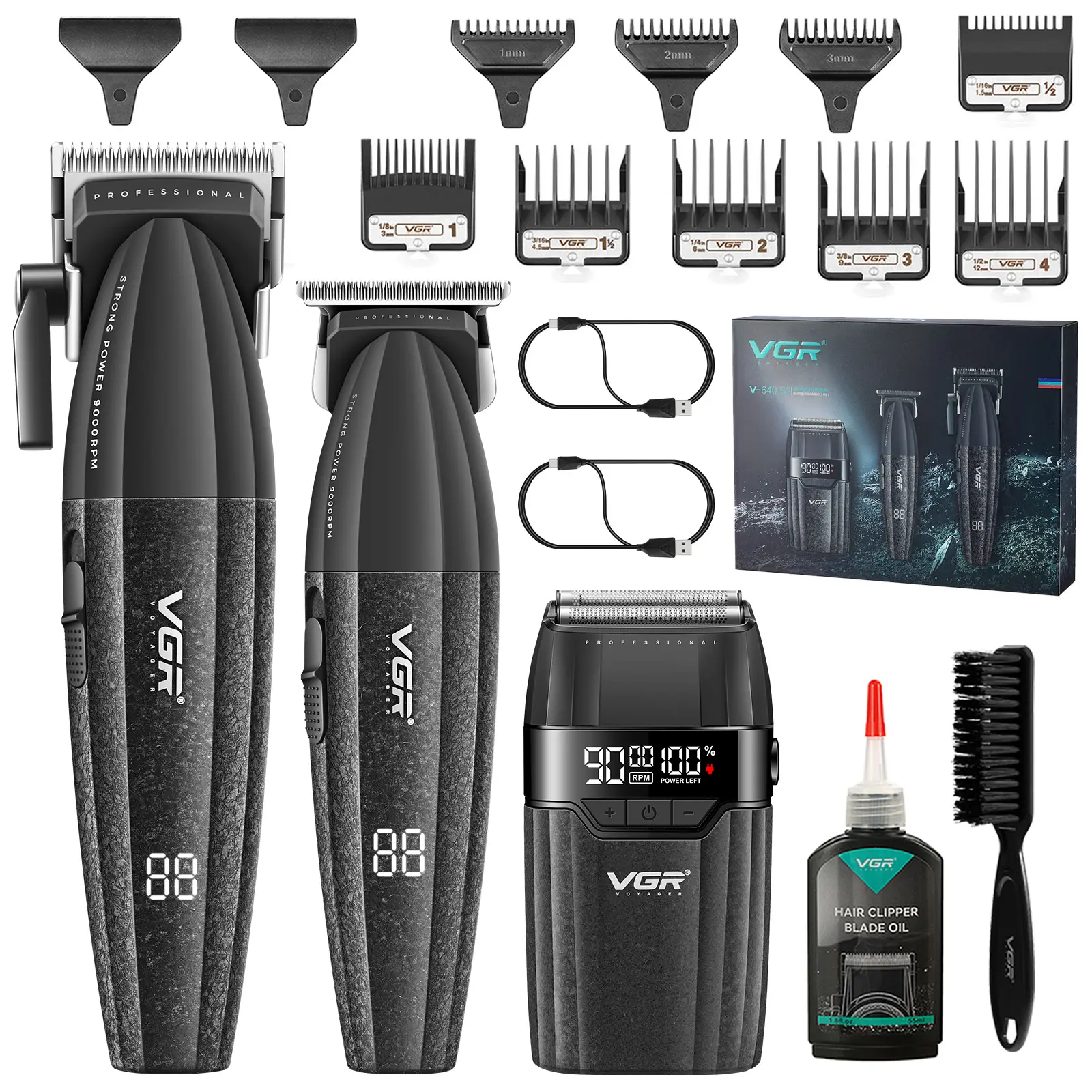 VGR 640S3 Professional Clippers and Trimmer Set for Men 3in1 Cordless Hair Clippers Hair Trimmer & Foil Shaver Kit Zero Gap T-Blade 9000RPM Motor Grooming Kit for Barbers and Home Use summerwins