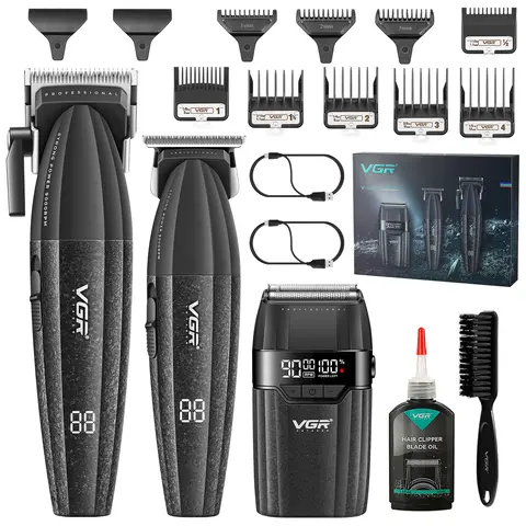 VGR 640S3 Professional 3-in-1 Lightweight Cordless Barber Equipment Set - Smooth Hair Clippers, Adjustable 0-Gap Trim, Foil Shaver, 9000RPM Motor, Speed Control, 240-Minute Battery, Charging Cable, Precise Cut for Men (Barbers, Home Use)