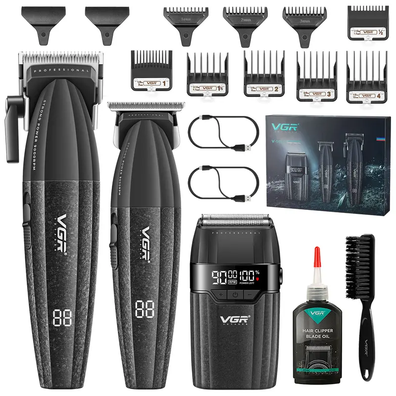 VGR 640S3 Professional 3-in-1 Lightweight Cordless Barber Equipment Set - Smooth Hair Clippers, Adjustable 0-Gap Trim, Foil Shaver, 9000RPM Motor, Speed Control, 240-Minute Battery, Charging Cable, Precise Cut for Men (Barbers, Home Use)