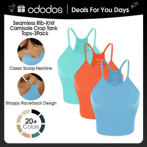 ODODOS Women's Crop 3-Pack Seamless Rib-Knit Camisole Waist Length Crop Tank Tops,No Padding summerwins