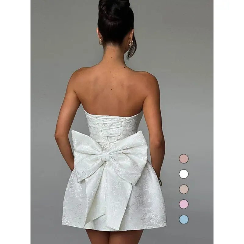 Women Floral Pattern Lace-Up Bow Back Strapless Dress, Women Dress, Elegant Strapless A-Line Short Dress Suitable for Party Vacation Wedding Guest, Party Dress, Women Formal Dress
