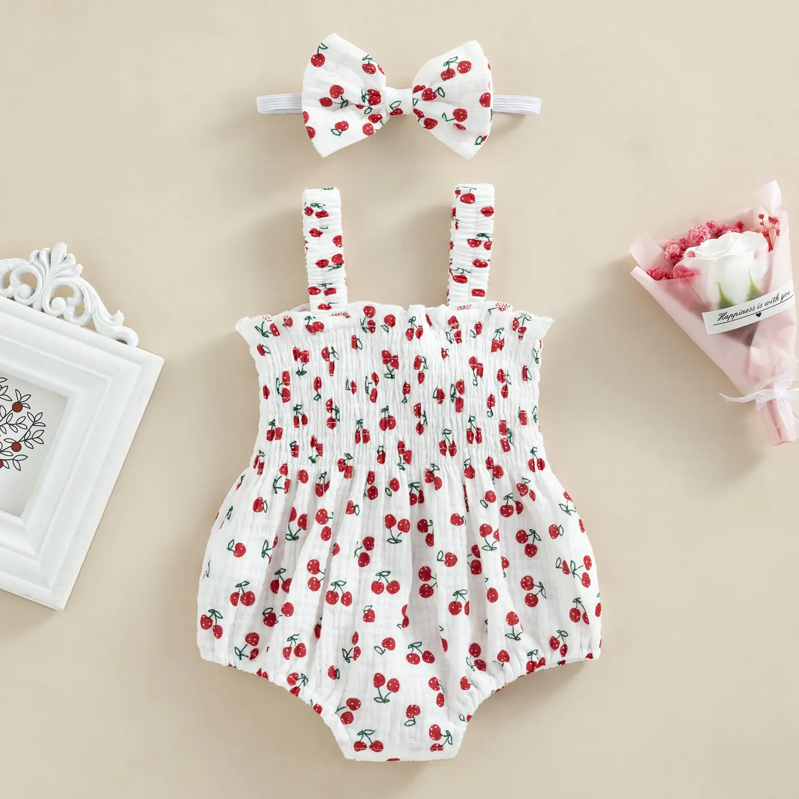 Baby Girl 2Pcs Summer Outfits, Sleeveless Cherry/Carrot/Tree Print Romper with Headband