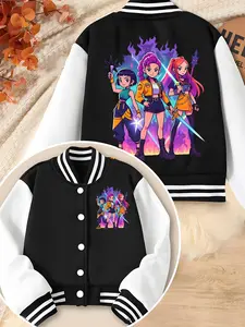 Girls Halloween Christmas Baseball Jacket, Casual Sport School Uniform, Cool Flame Print Design, Elastic Fabric, Fall Winter Outerwear