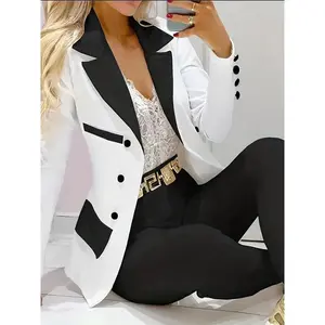 Color Block Two-piece Set, Casual Button Front Blazer & Straight Leg Pants Outfits - Women's Clothing - Stylish & Trendy - For Casual Occasions - Perfect Gift for Fashionable Womenswear Black