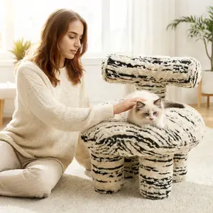 Fluffy Teddy Fleece Accent Chair | Unique Abstract Zebra Pattern, 2-Way Sitting Ergonomic Curved Backrest, High-Density Foam | Non-Slip Mat, Multi-Use Vanity/Shoe Stool