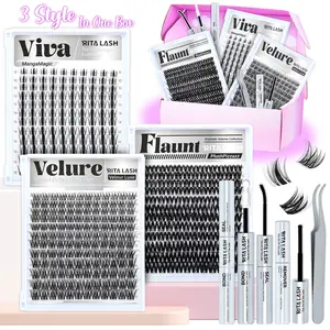 RITALASH 408Pcs Lash Clusters, VIVA/FLAUNT/VELURE 8-18mm DIY Volume Cluster Eyelash Extensions Kit Popular & Must-Have Volumized False Eyelashes Clusters with Lash Bond and Seal, Remover, Lash Tweezers