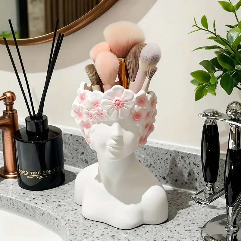 1 creative face storage box with floral embellishments, Makeup tool organizer, Beauty Organizer Box - perfect for makeup brushes, cosmetics and bathroom accessories. White design, ideal for dressing table accessories