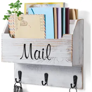 Mail Organizer Wall Mounted, Wooden Mail & Key Holder for Wall, Hanging Mail Organizer, Retro White Mail Basket for Home Office